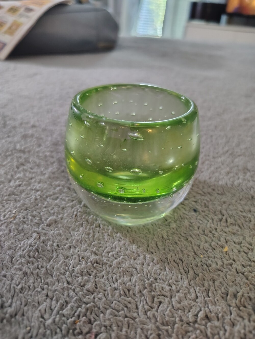 Vintage Handblown Green Glass Votive Holder Historic Bubble Pattern